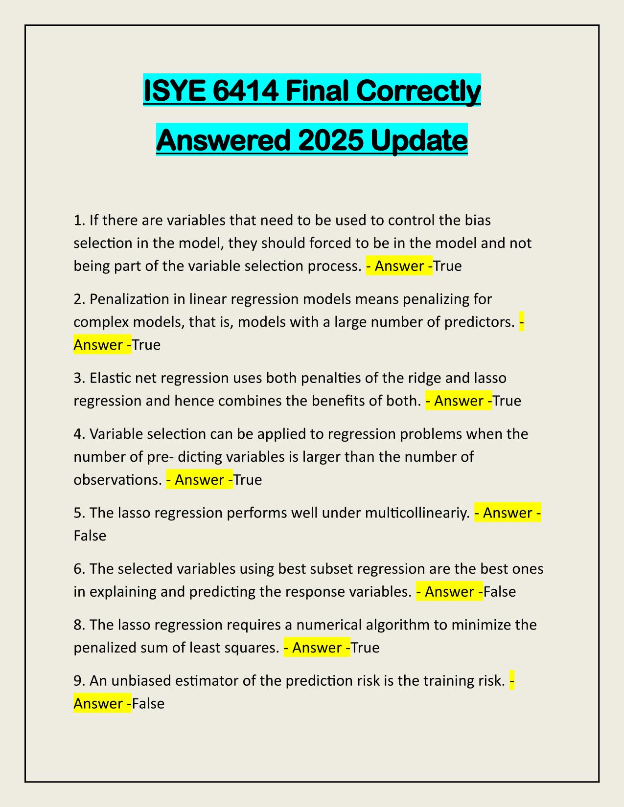 ISYE 6414 Final Correctly Answered 2025 Update
