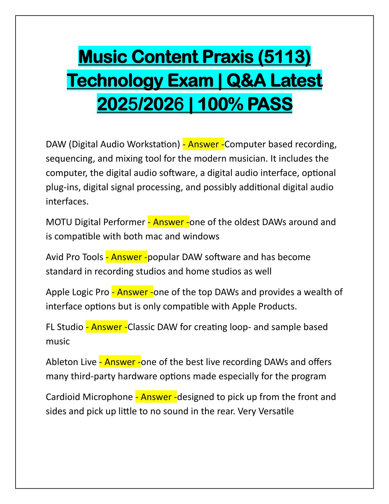Bundle for Music Content Praxis 5113 Q&A Latest Update 2025-2026