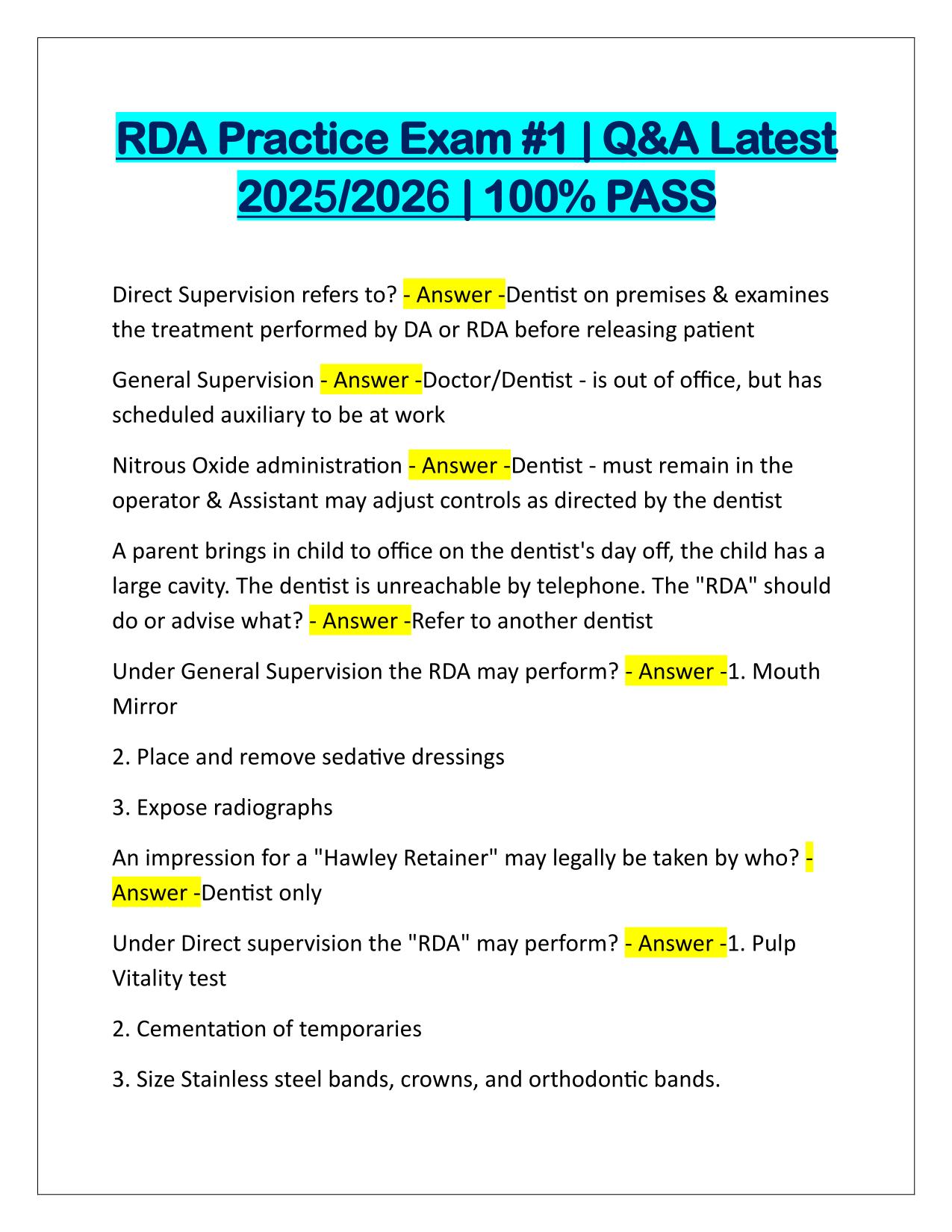 RDA Practice Exam #1 Q&A Latest Update