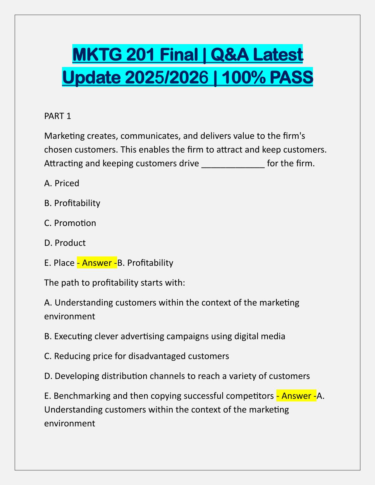 MKTG 201 Final Correctly Answered Latest Update