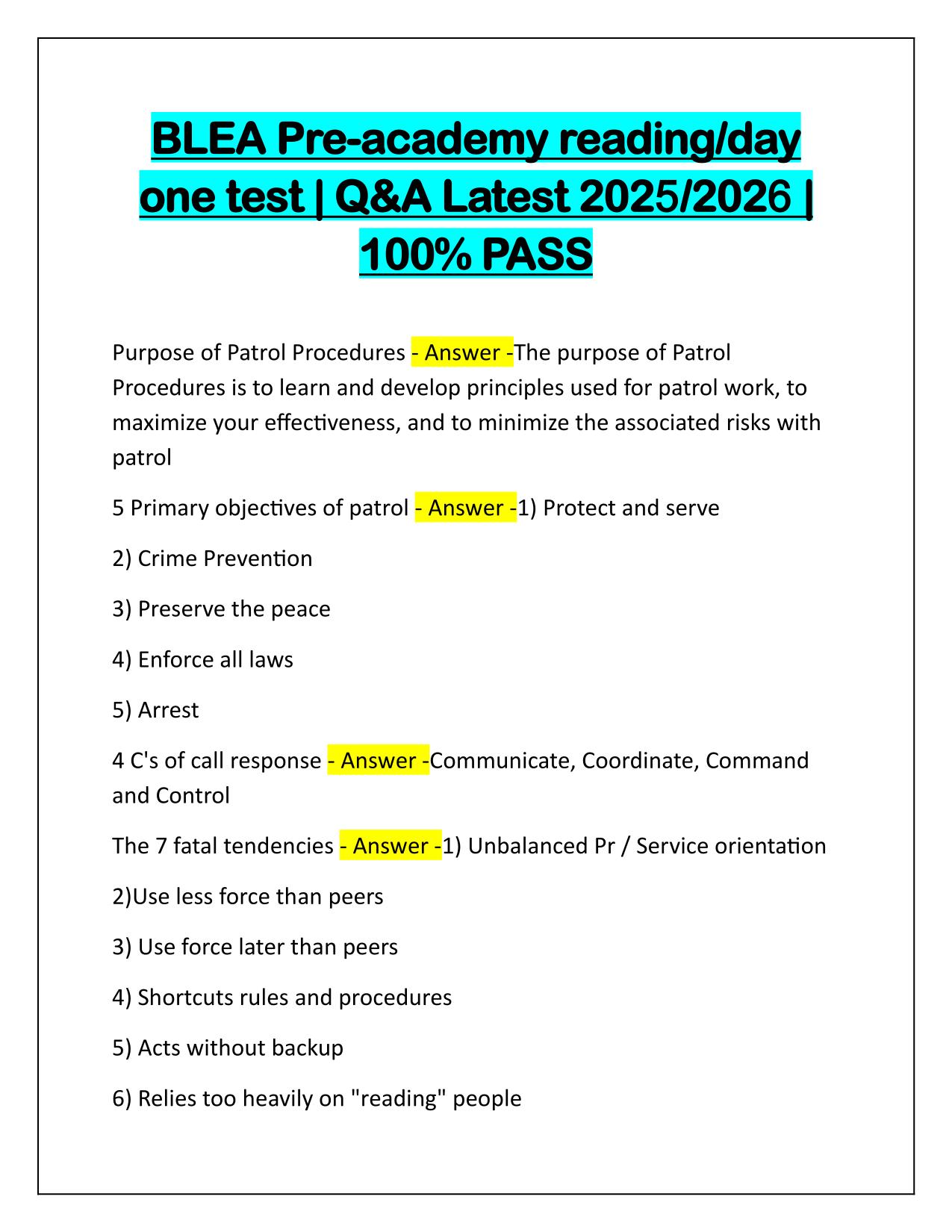 BLEA Pre-academy reading-day one test Q&A Latest Update