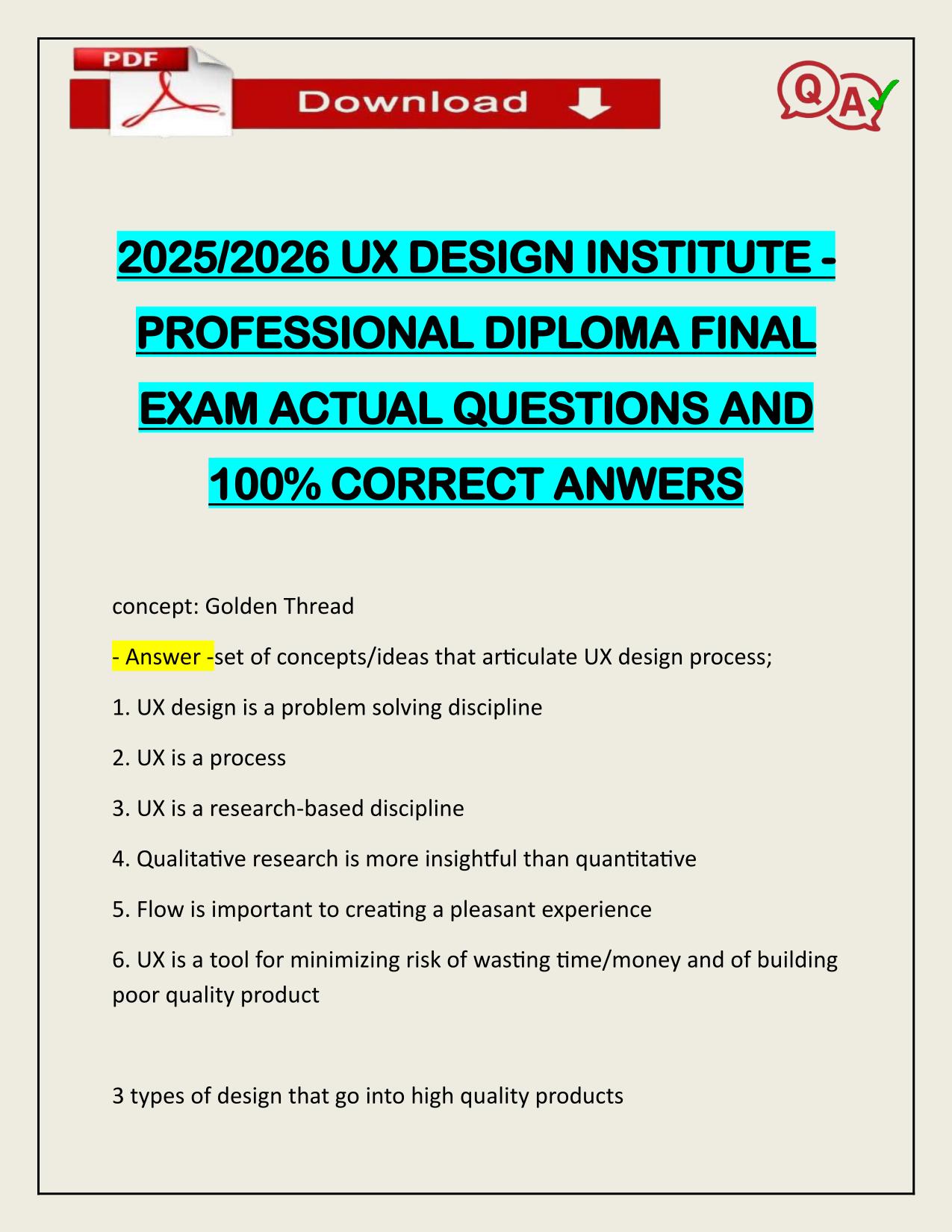 2025/2026 UX DESIGN INSTITUTE - PROFESSIONAL DIPLOMA FINAL EXAM ACTUAL Q&A 100% PASS