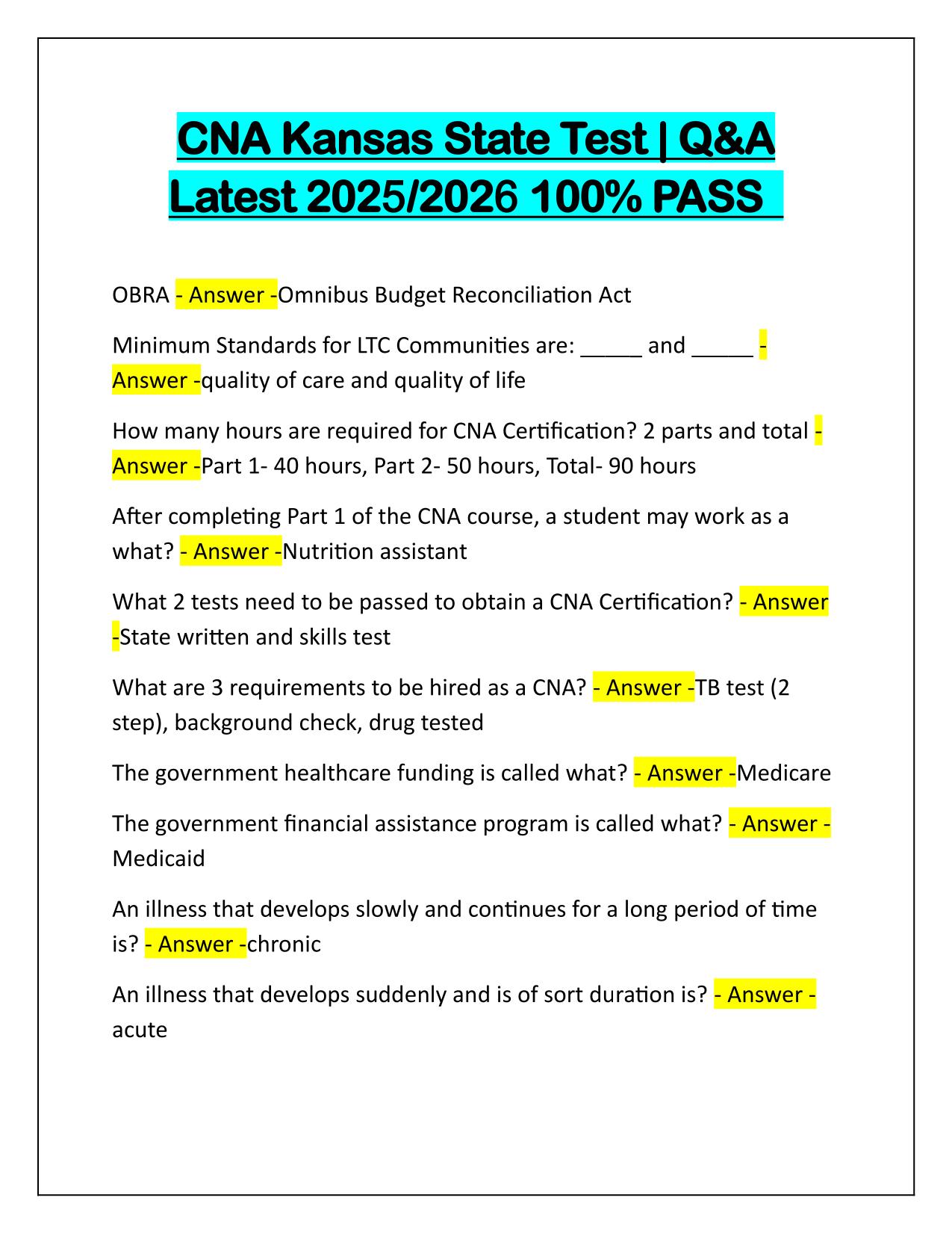 CNA Kansas State Test Q&A Latest Update 2025-2026