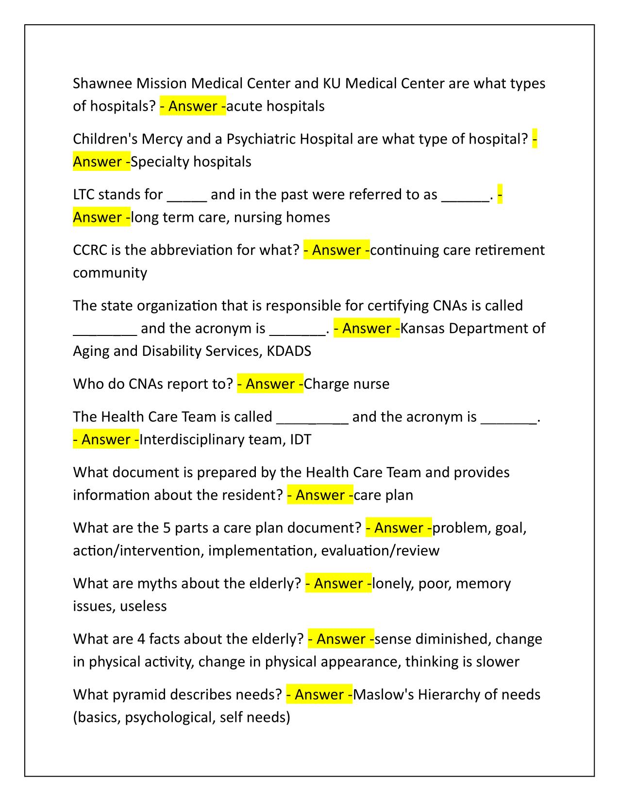 CNA Kansas State Test Q&A Latest Update 2025-2026