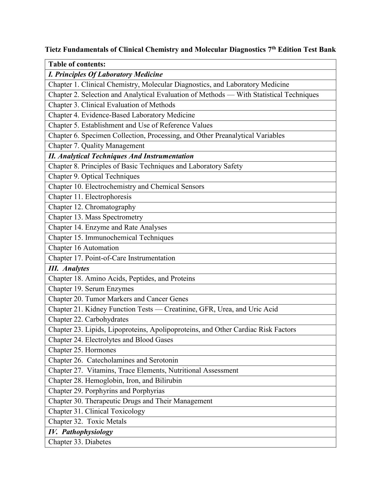 TEST BANK FOR TIETZ FUNDAMENTALS OF CLINICAL CHEMISTRY AND MOLECULAR DIAGNOSTICS 7TH EDITION BY CARL A BURTIS