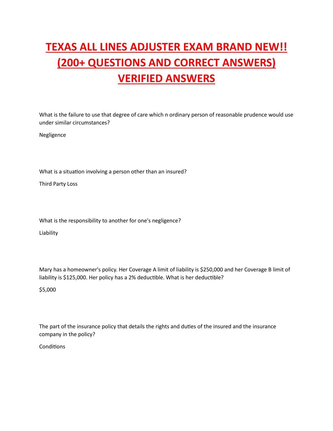 TEXAS ALL LINES ADJUSTER EXAM BRAND NEW!! (200+ QUESTIONS AND CORRECT ANSWERS)