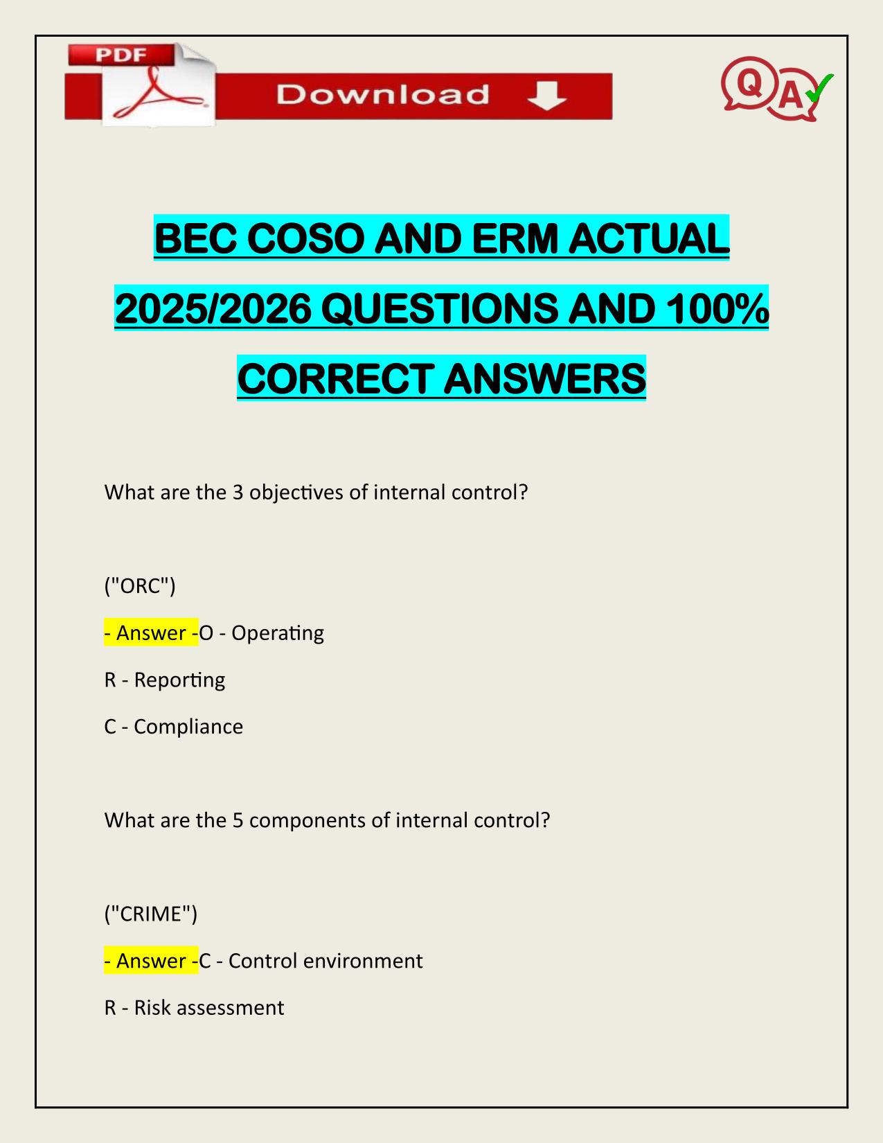 BEC COSO AND ERM ACTUAL 2025/2026 CORRECTLY ANSWERED