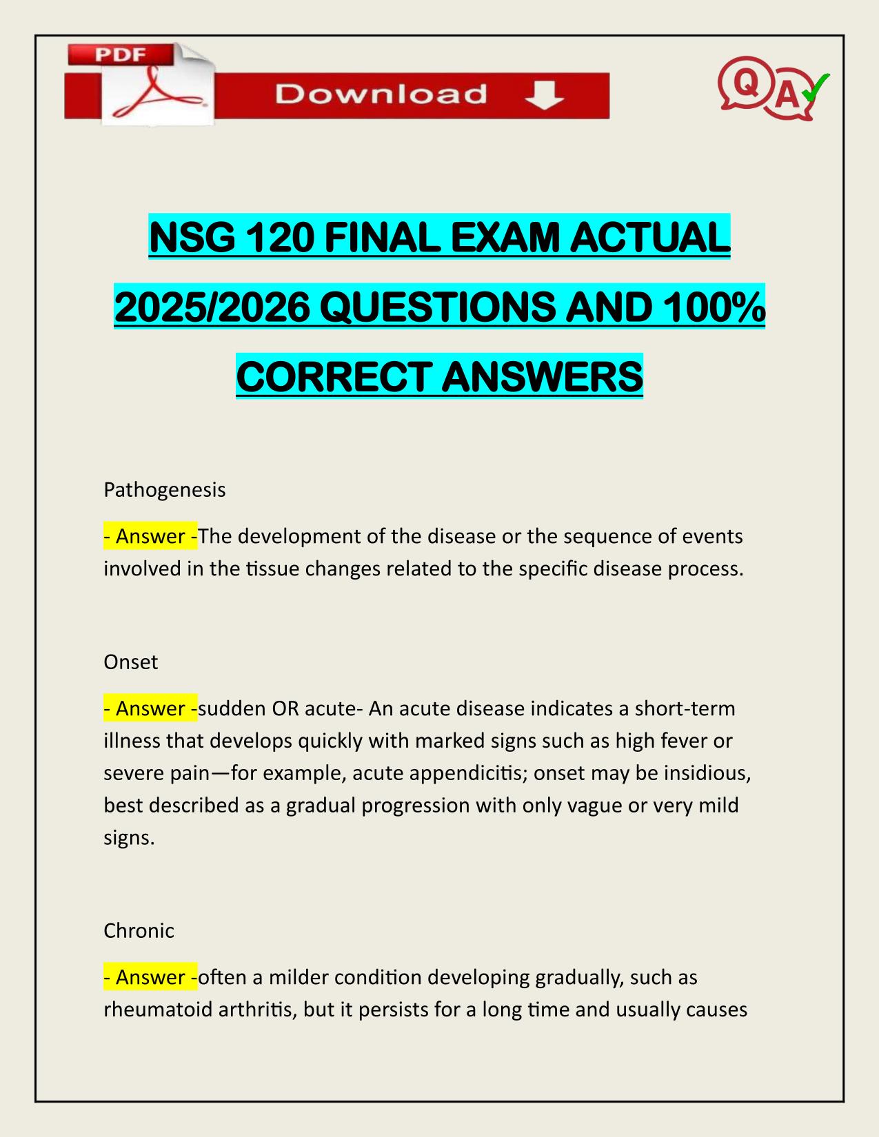 NSG 120 FINAL EXAM ACTUAL 2025/2026