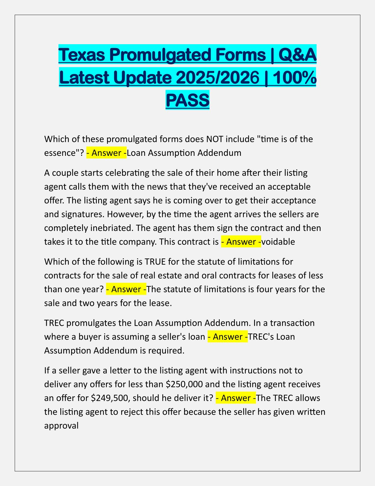 Texas Promulgated Forms EXAM Q&A Latest Update
