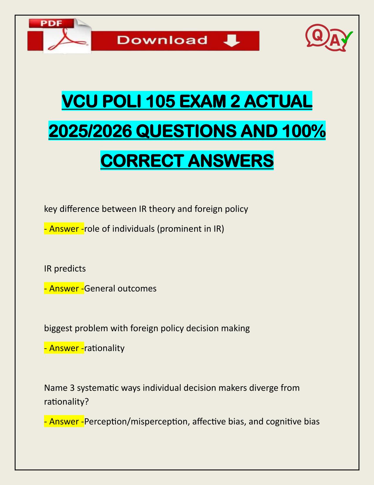 VCU POLI 105 EXAM 2 ACTUAL 2025/2026 CORRECTLY ANSWERED