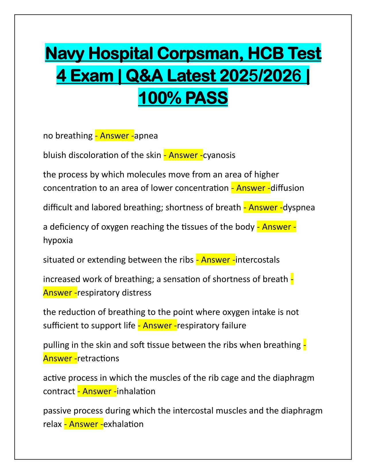 Navy Hospital Corpsman, HCB Test 4 Exam Q&A Latest Update