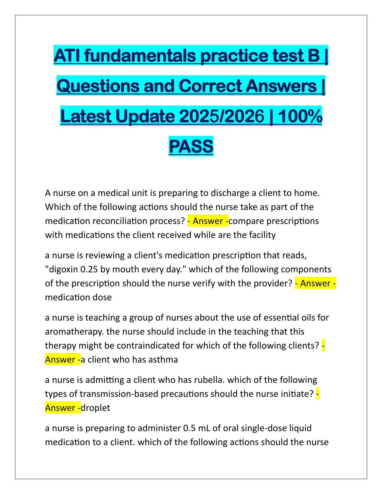 ATI fundamentals practice test B Questions and Answers 2025/2026