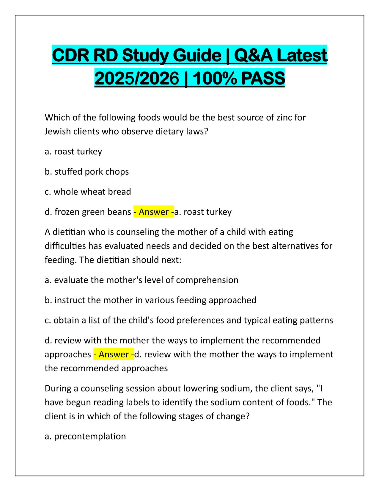 CDR RD Study Guide Questions and Correct Answers Latest Update