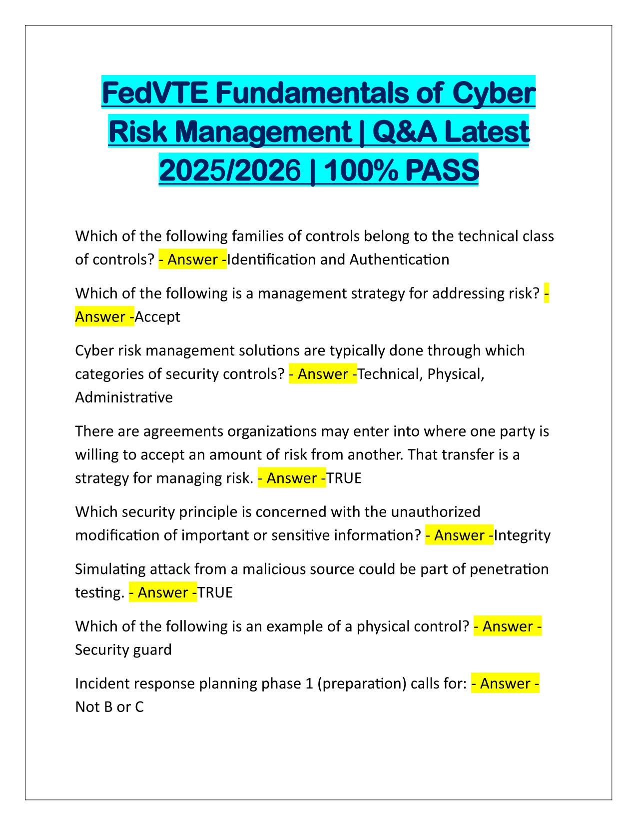 FedVTE Fundamentals of Cyber Risk Management Q&A Latest Update