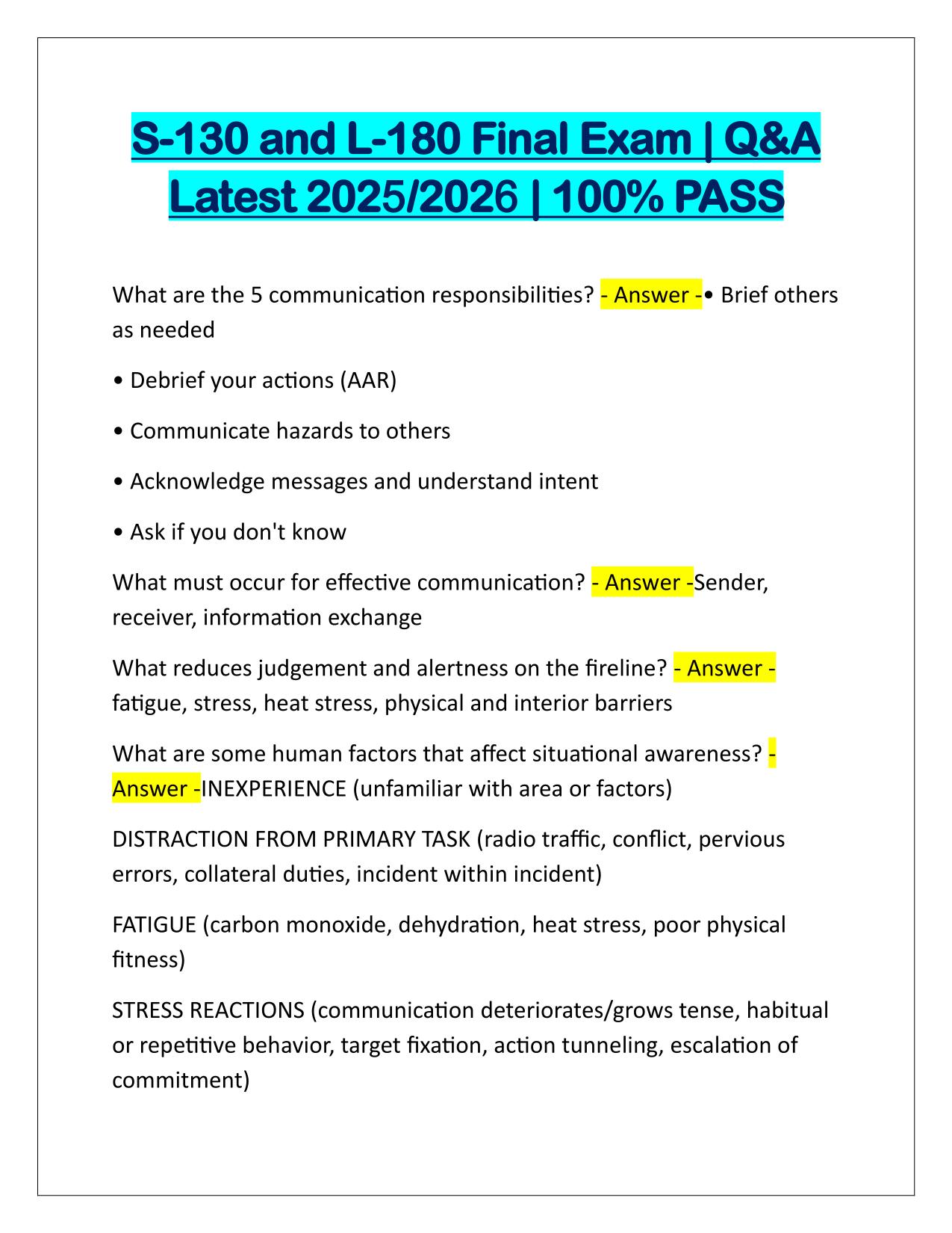 S-130 and L-180 Final Exam Q&A Latest Update