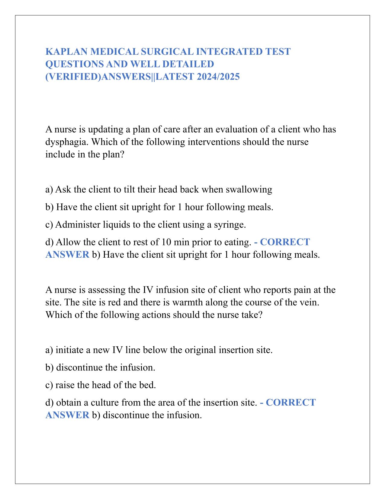 2025 KAPLAN MEDICAL SURGICAL INTEGRATED TEST Q&A Latest Update