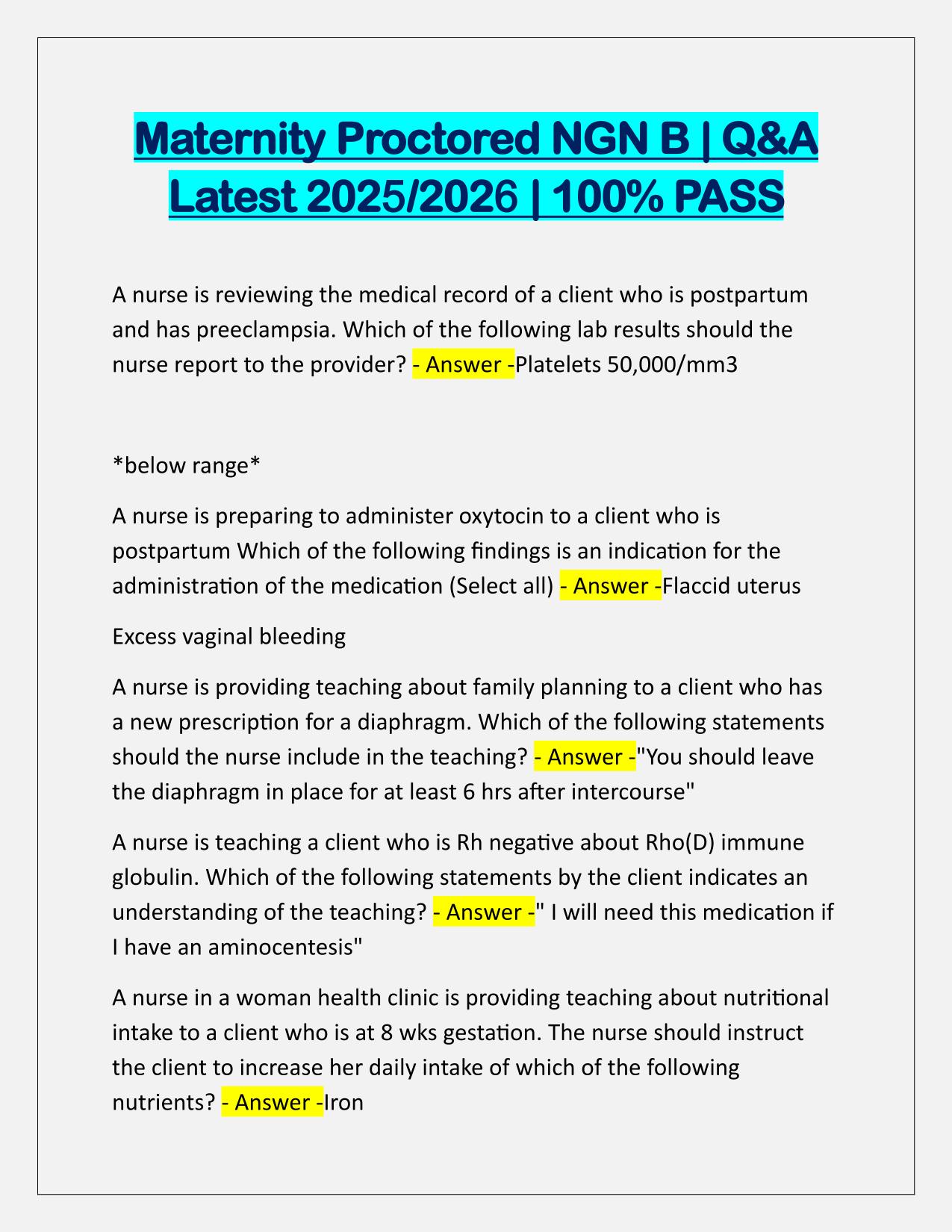 Maternity Proctored NGN B Exam Q&A Latest Update