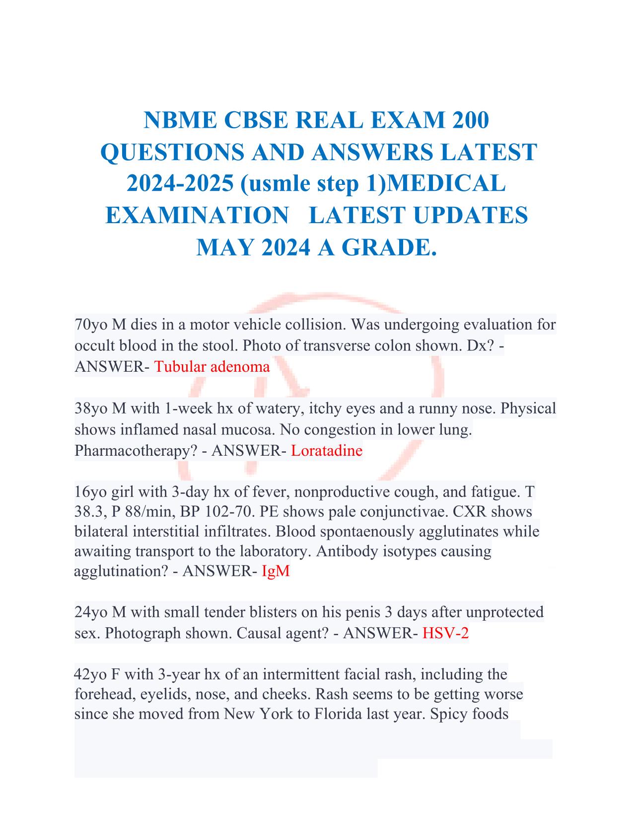 NBME CBSE REAL EXAM 200 QUESTIONS (USMLE Step 1) Medical Examination