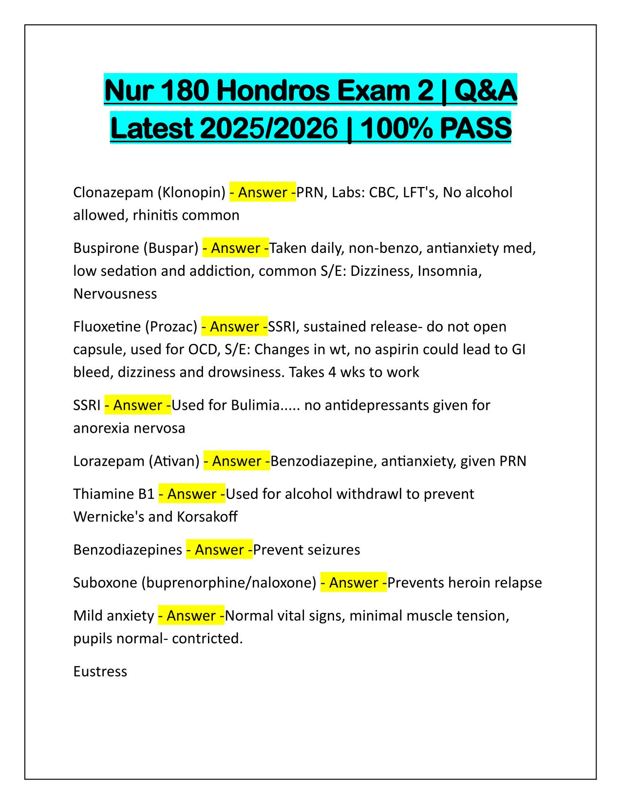 Nur 180 Hondros Exam 2 Questions and Correct Answers Latest Update