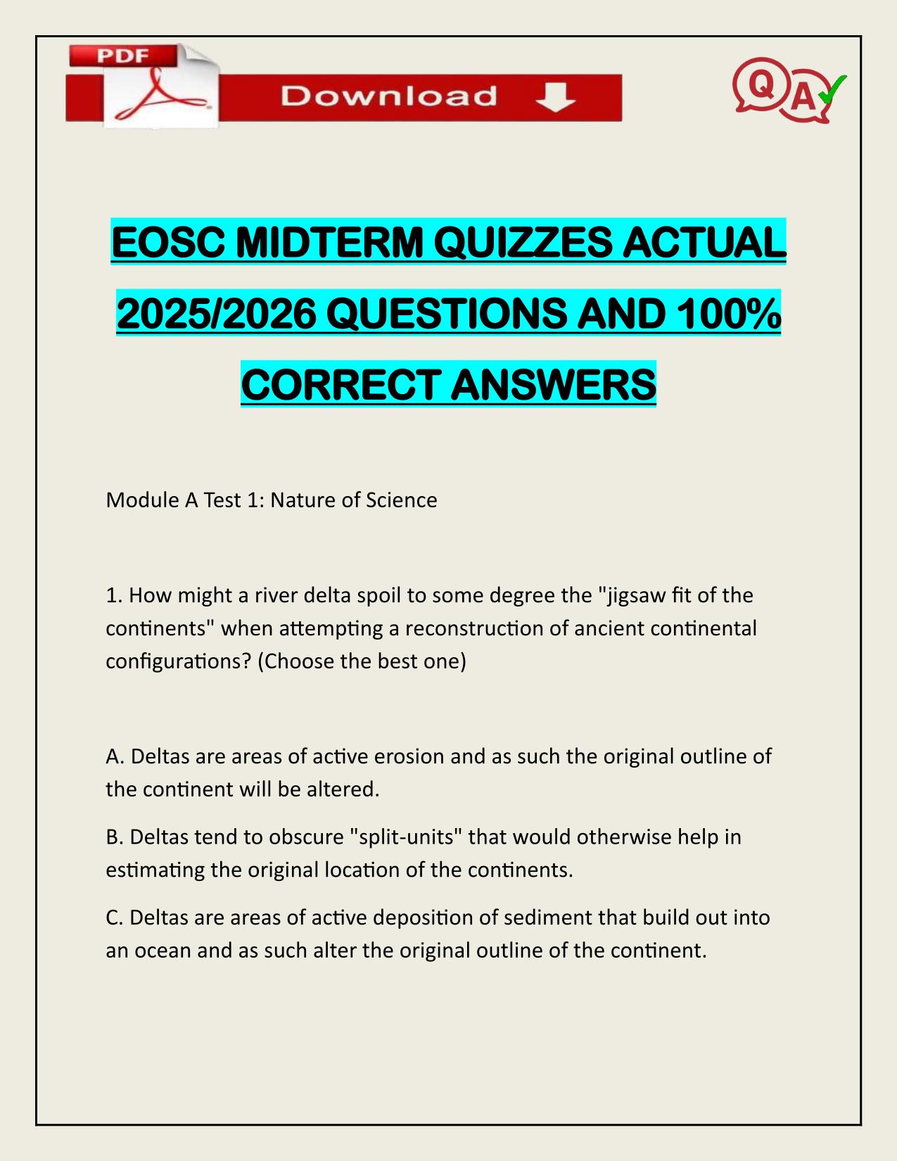 EOSC MIDTERM QUIZZES ACTUAL 2025/2026 CORRECTLY ANSWERED