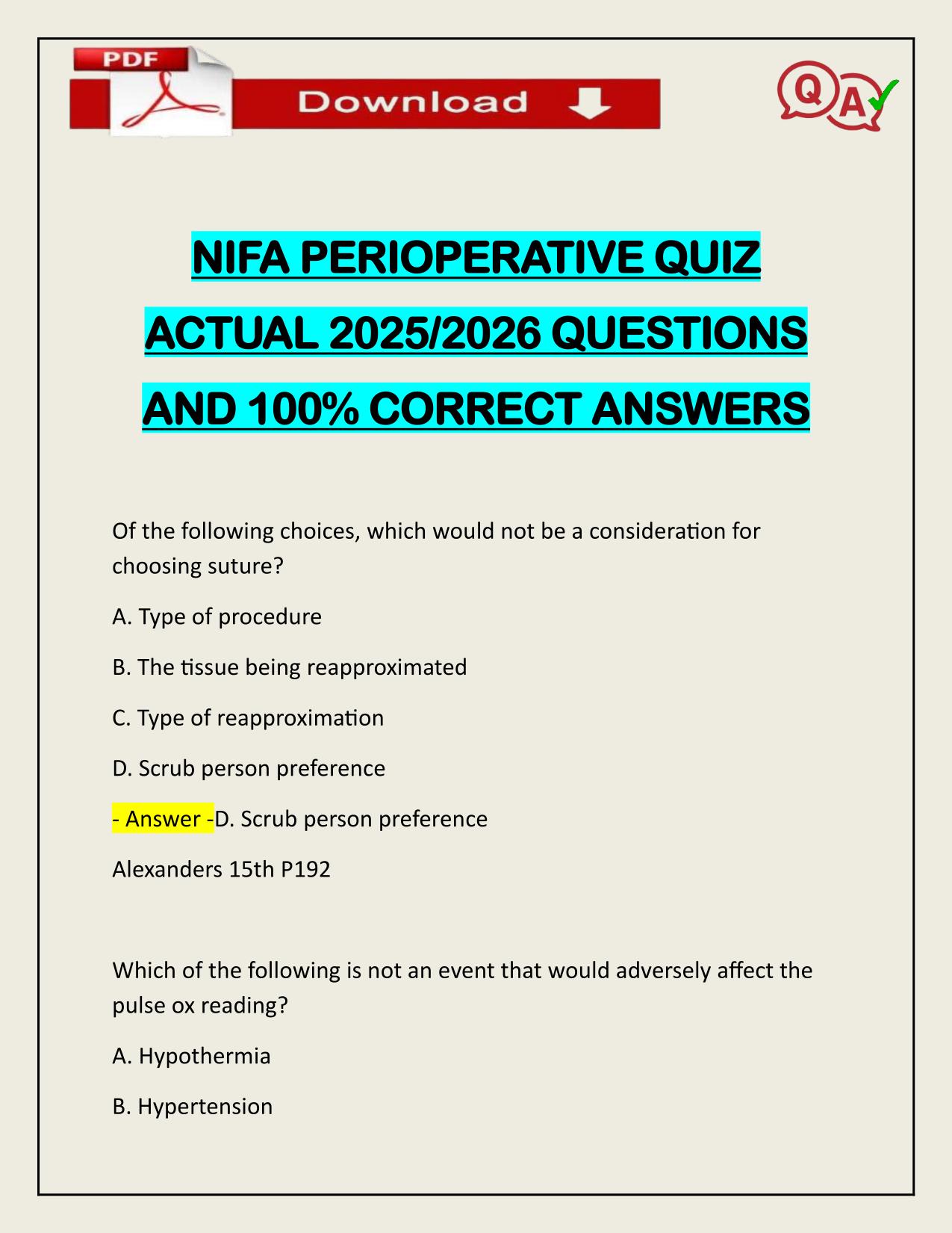 NIFA PERIOPERATIVE QUIZ ACTUAL 2025/2026 UPDATED