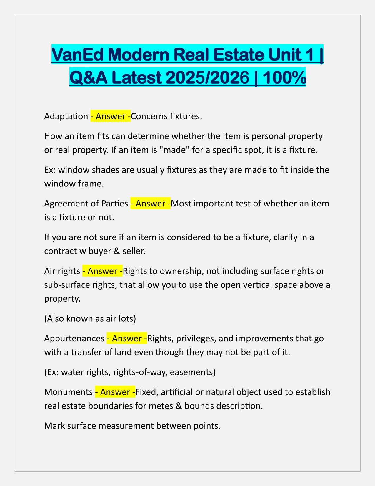 VanEd Modern Real Estate Unit 1 Q&A Latest Update