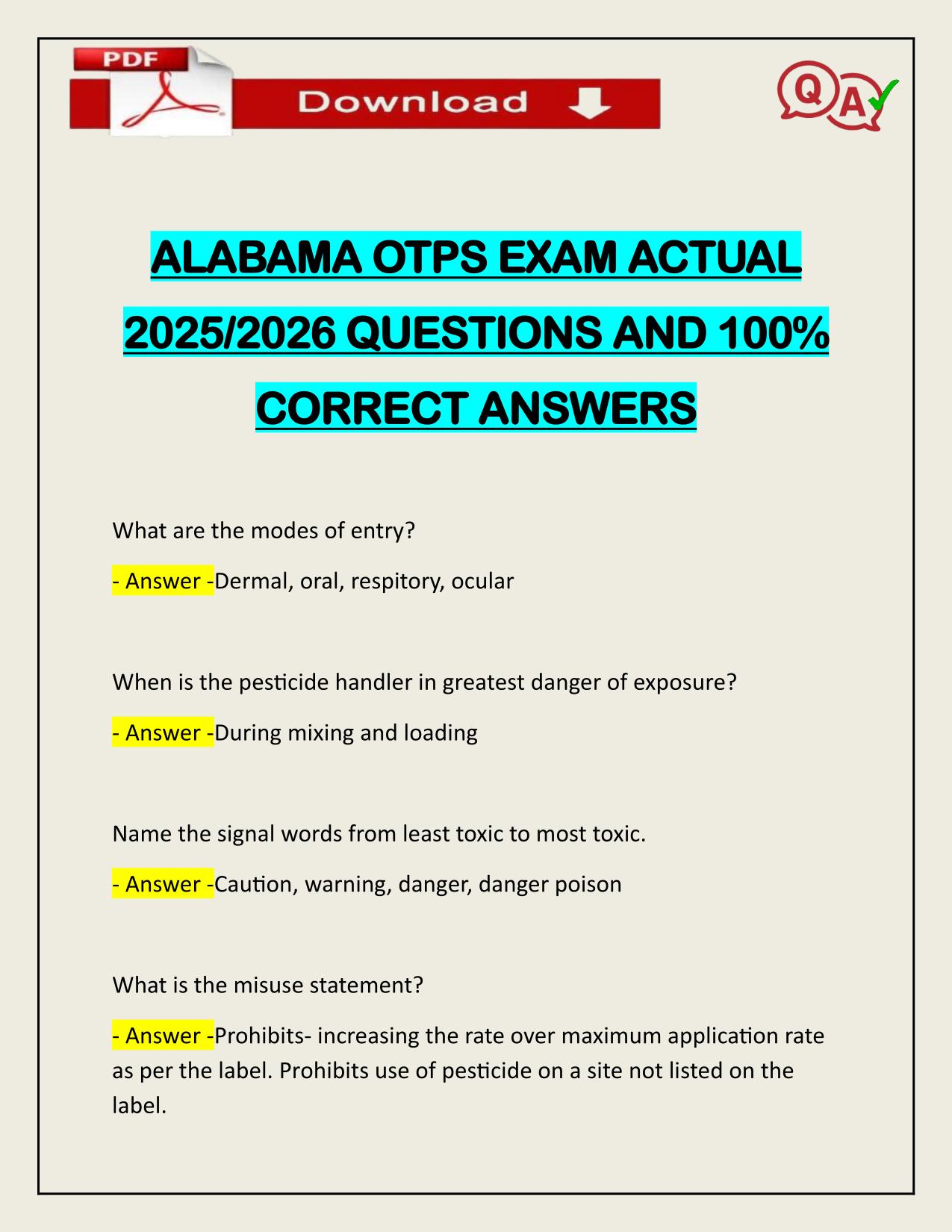 ALABAMA OTPS EXAM ACTUAL 2025/2026 QUESTIONS AND 100% CORRECT ANSWERS