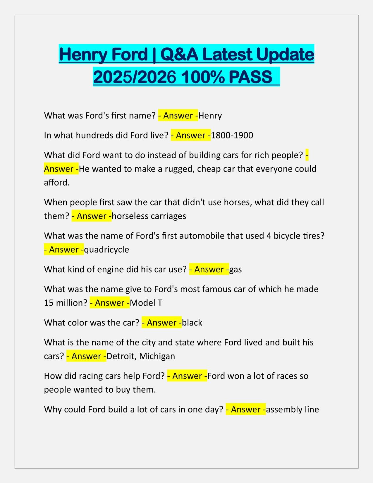 Henry Ford Correctly Answered Latest Update