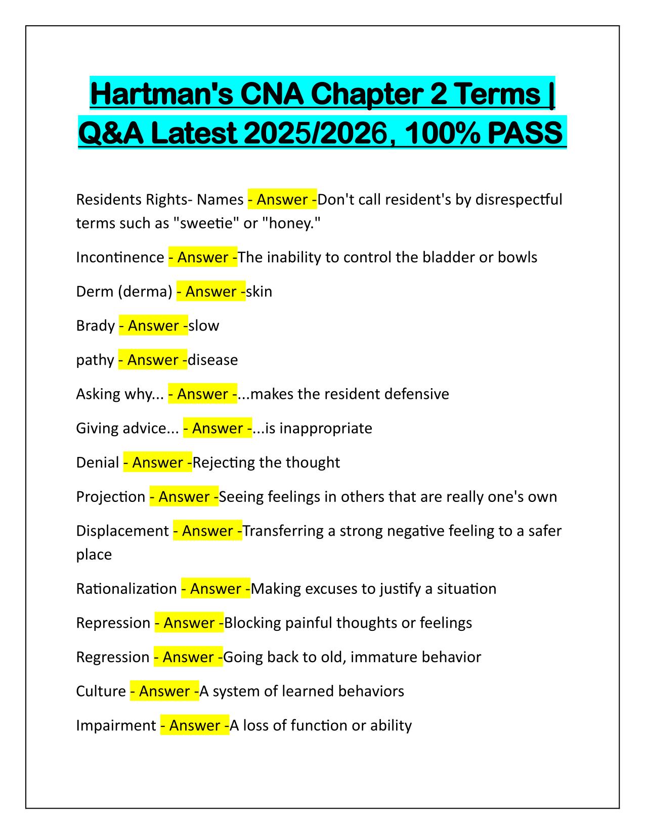 Hartman's CNA Chapter 2 Terms Q&A Latest Update 2025