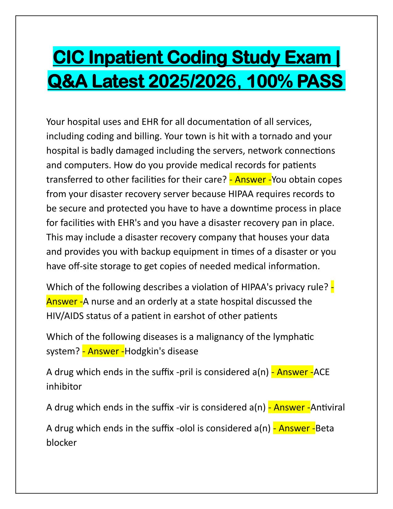 CIC Inpatient Coding Study Exam Q&A Latest Update
