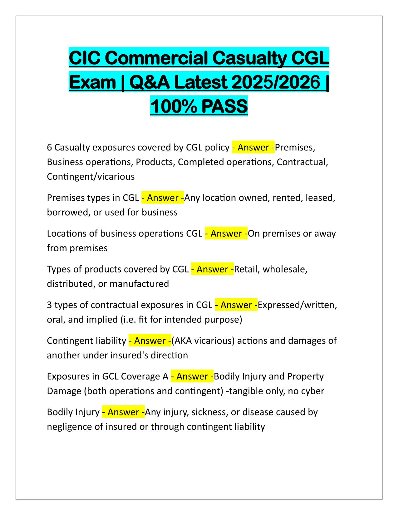CIC Commercial Casualty CGL Exam Correctly Answered