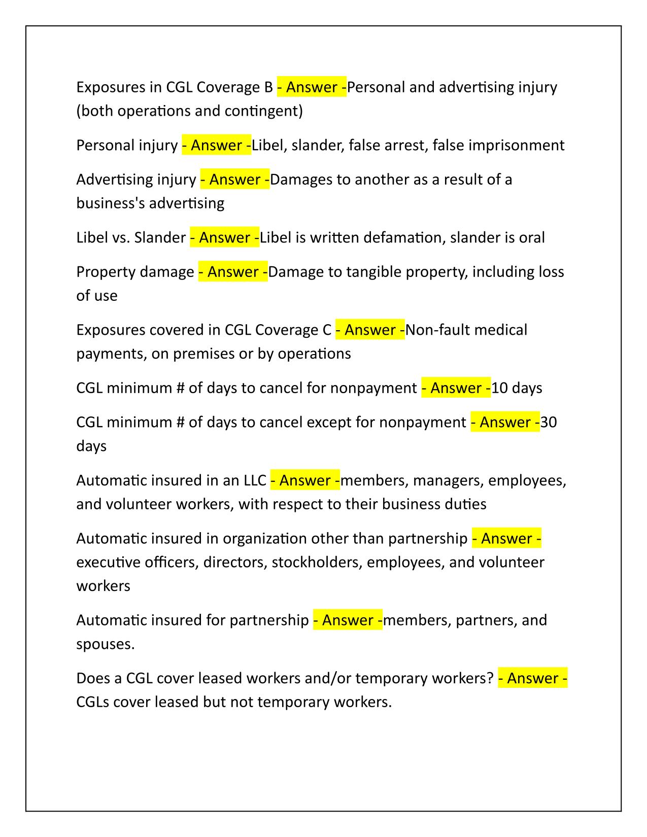 CIC Commercial Casualty CGL Exam Correctly Answered