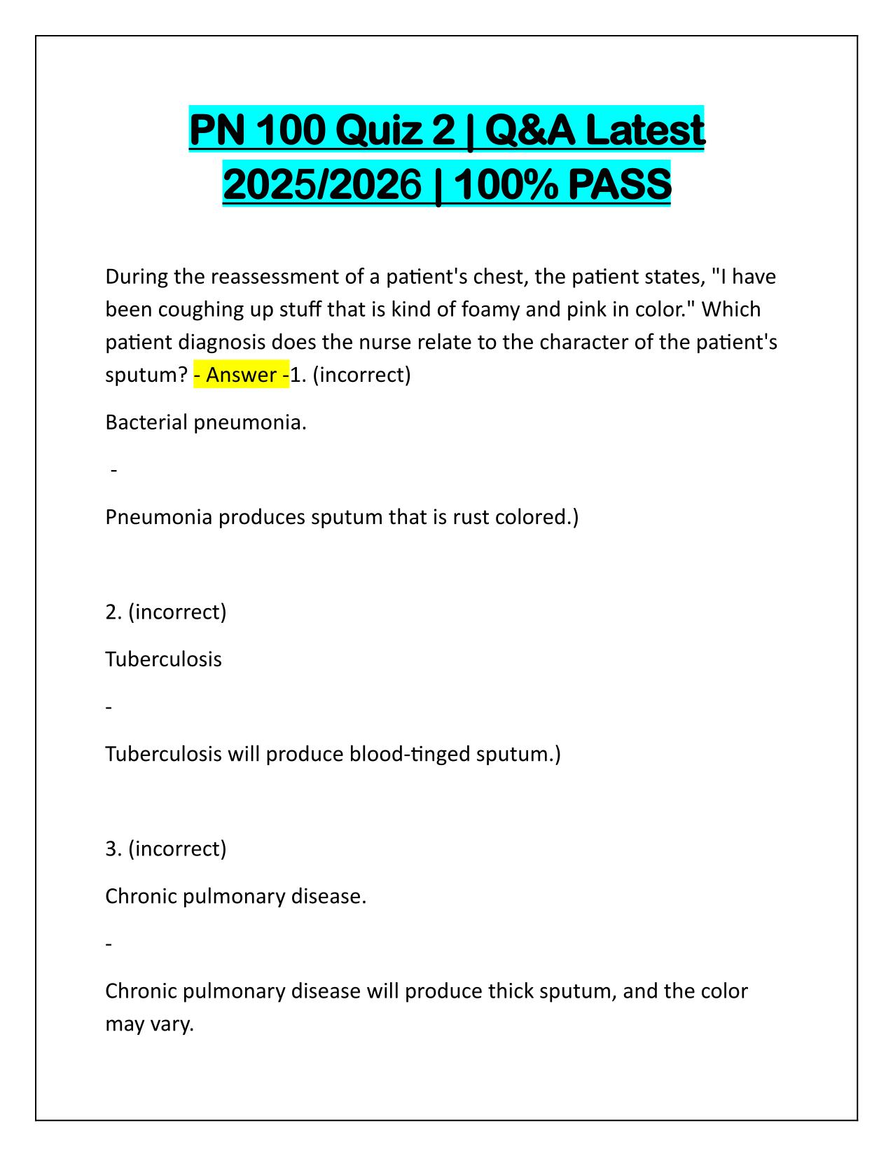 PN 100 Quiz 2 Correctly Answered Latest Update