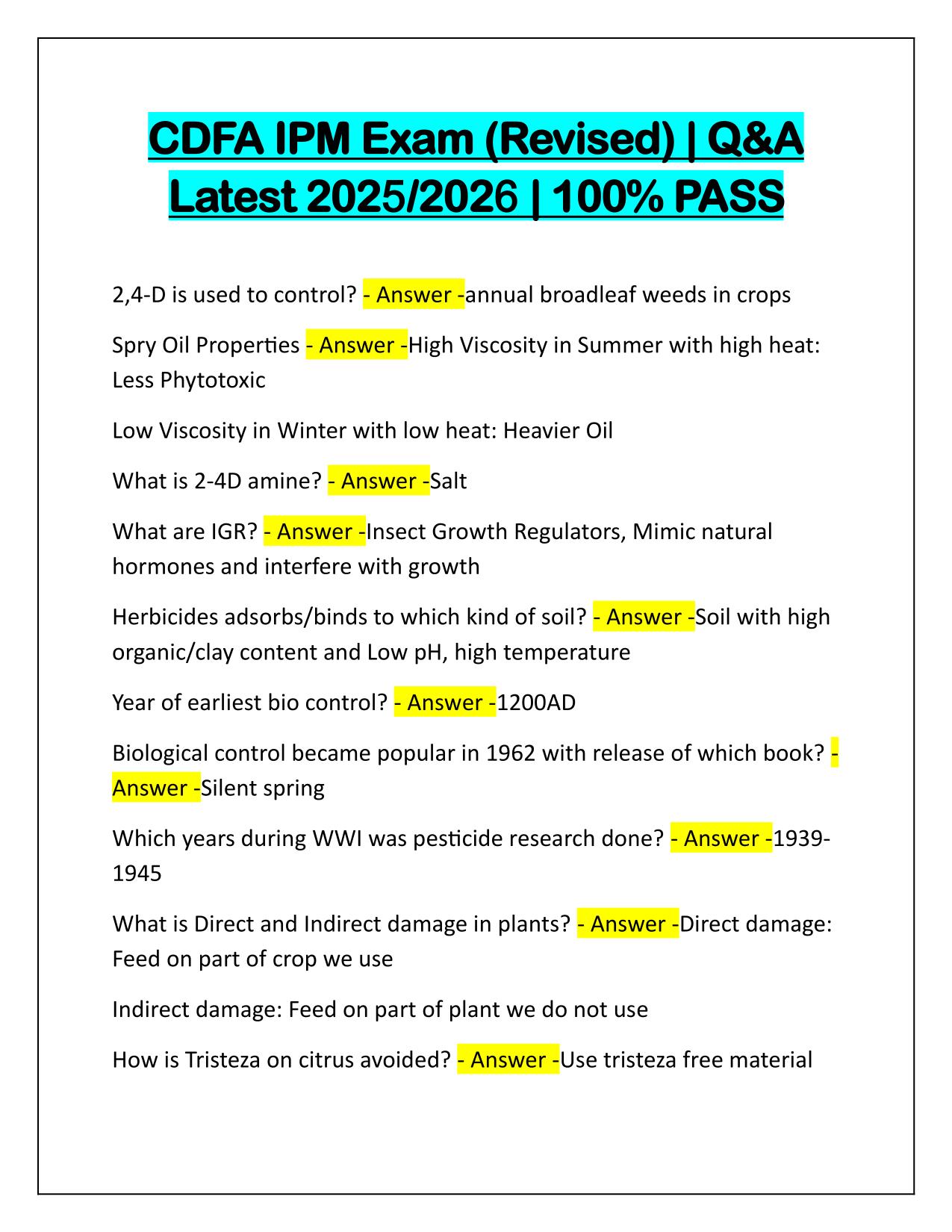 CDFA IPM Exam (Revised) Q&A Latest Update 2025