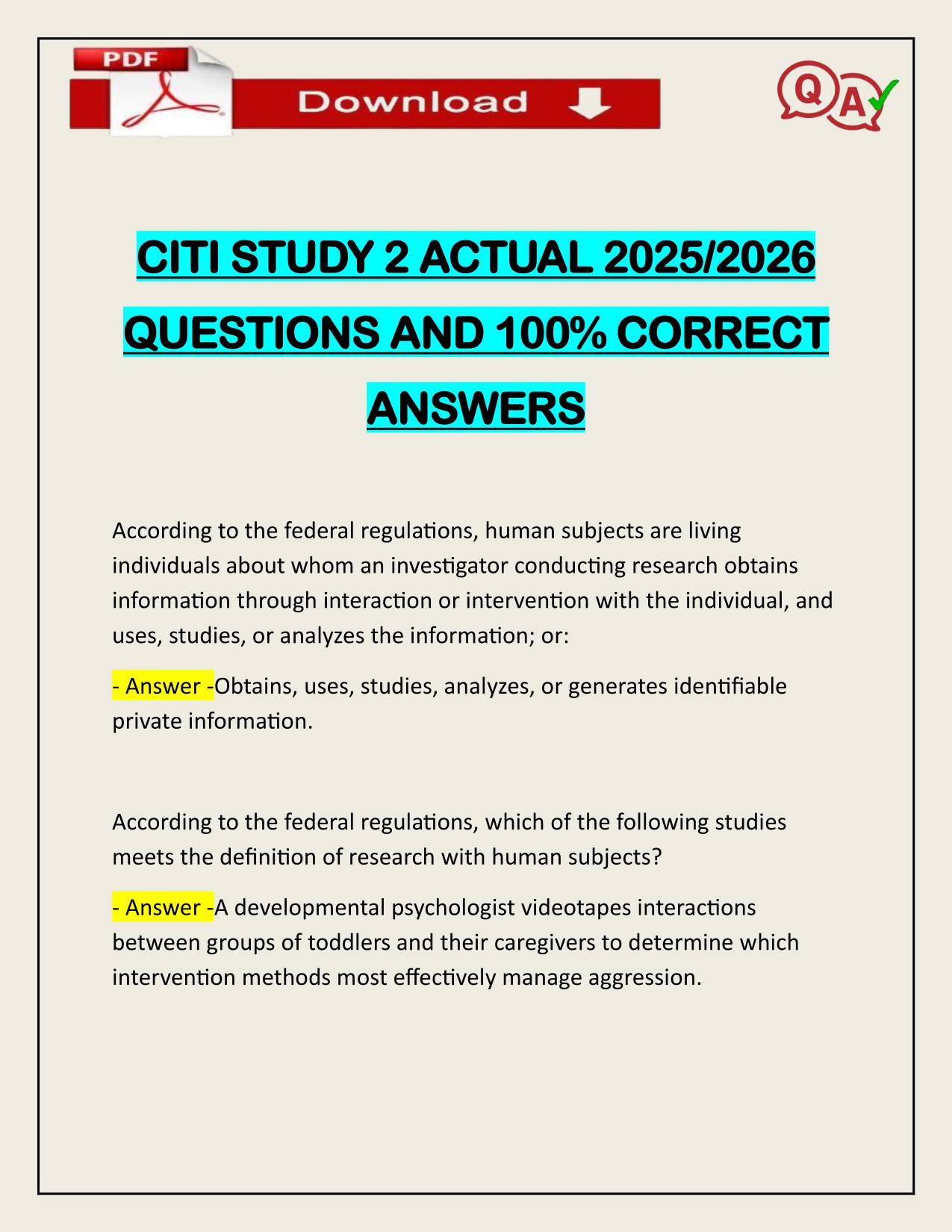 CITI STUDY 2 ACTUAL 2025/2026 QUESTIONS AND 100% CORRECT ANSWERS