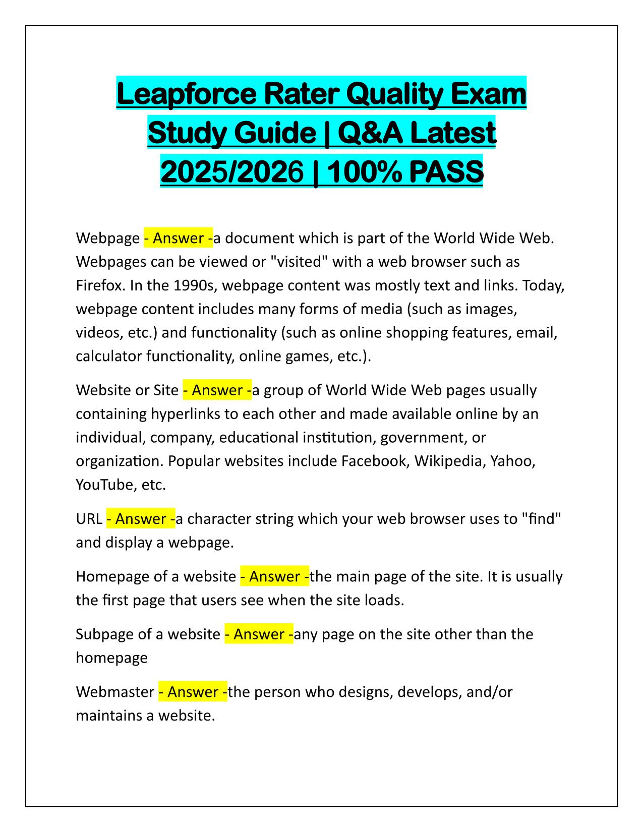 Leapforce Rater Quality Exam Study Guide Q&A Latest Update 2025 with Correct Answers