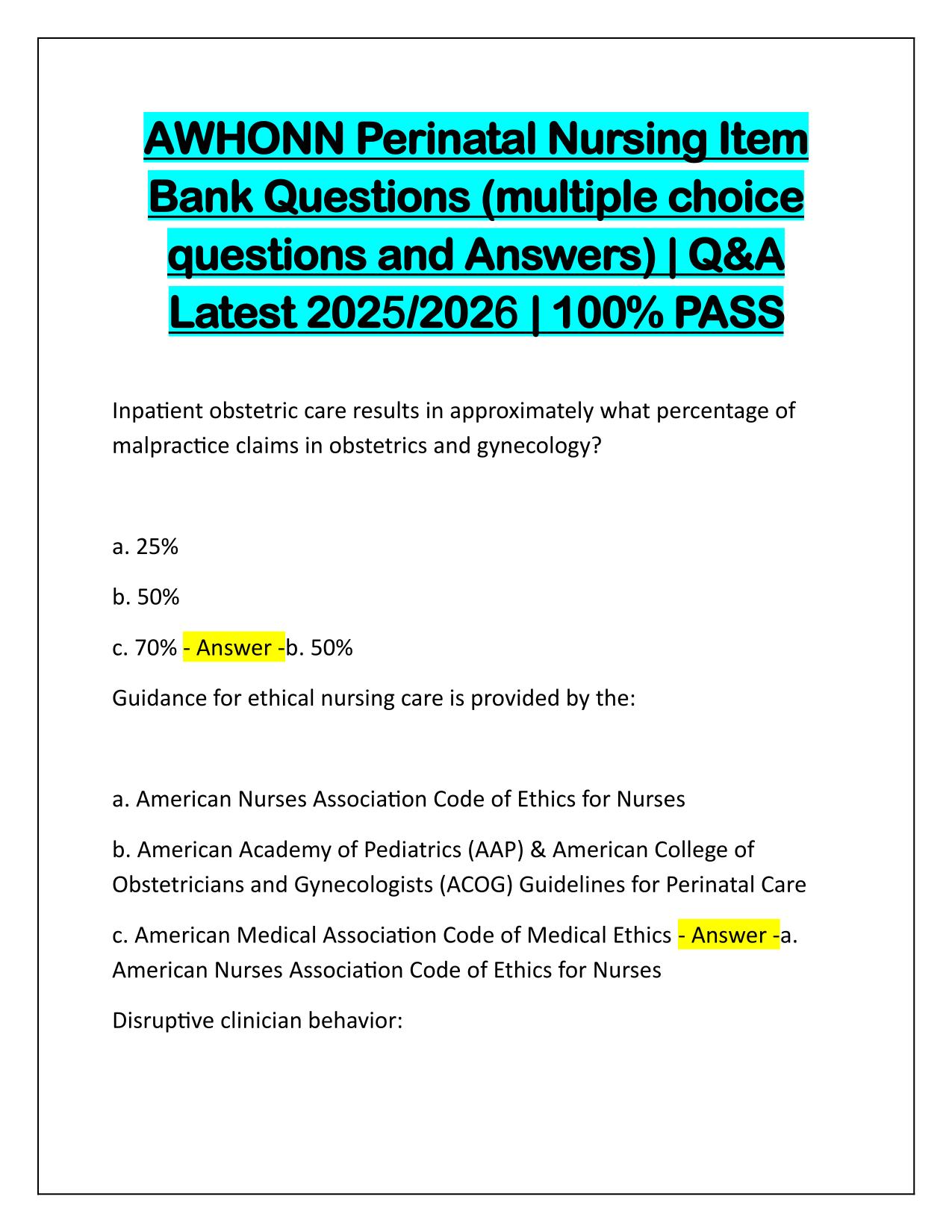 AWHONN Perinatal Nursing Item Bank Multiple choice Questions and Answers 2025-2026 Update