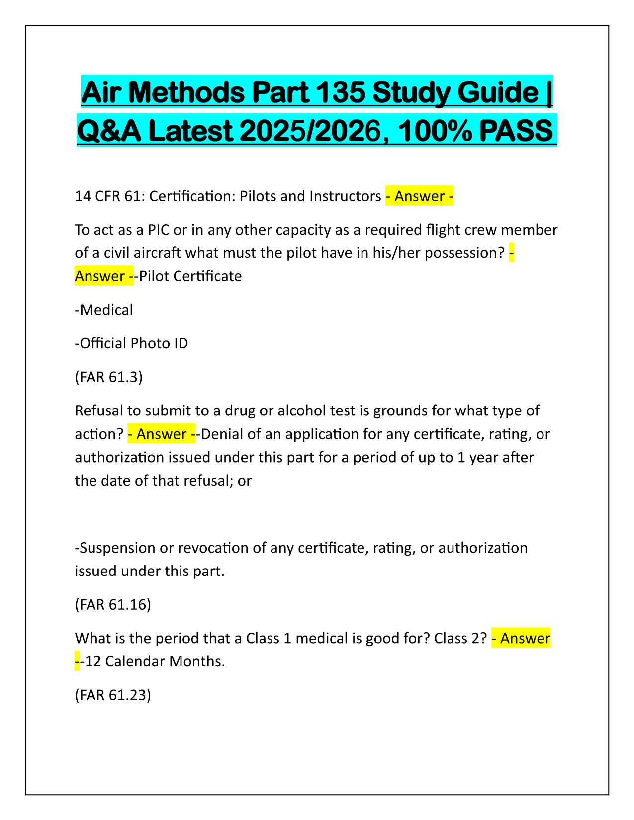 Air Methods Part 135 Study Guide Correctly Answered Latest Update