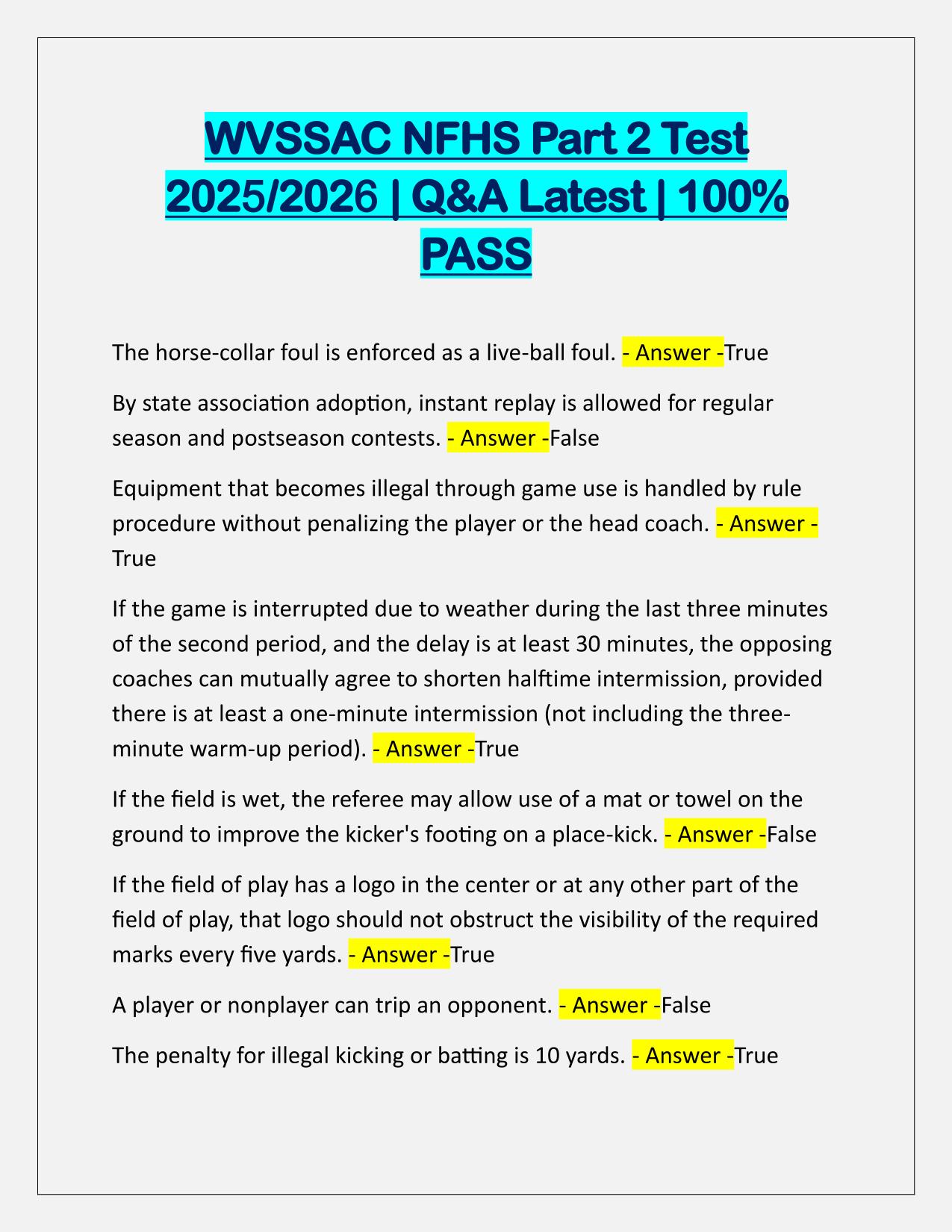 WVSSAC NFHS Part 2 Test Q&A Latest Update