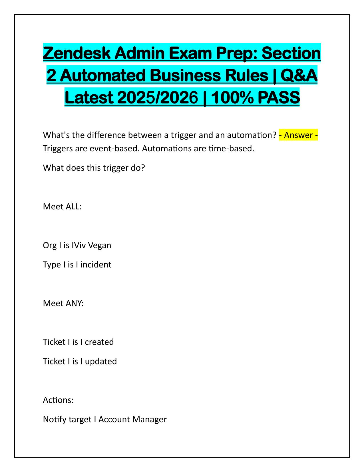 Zendesk Admin Exam Prep Section 2 Automated Business Rules Q&A Latest