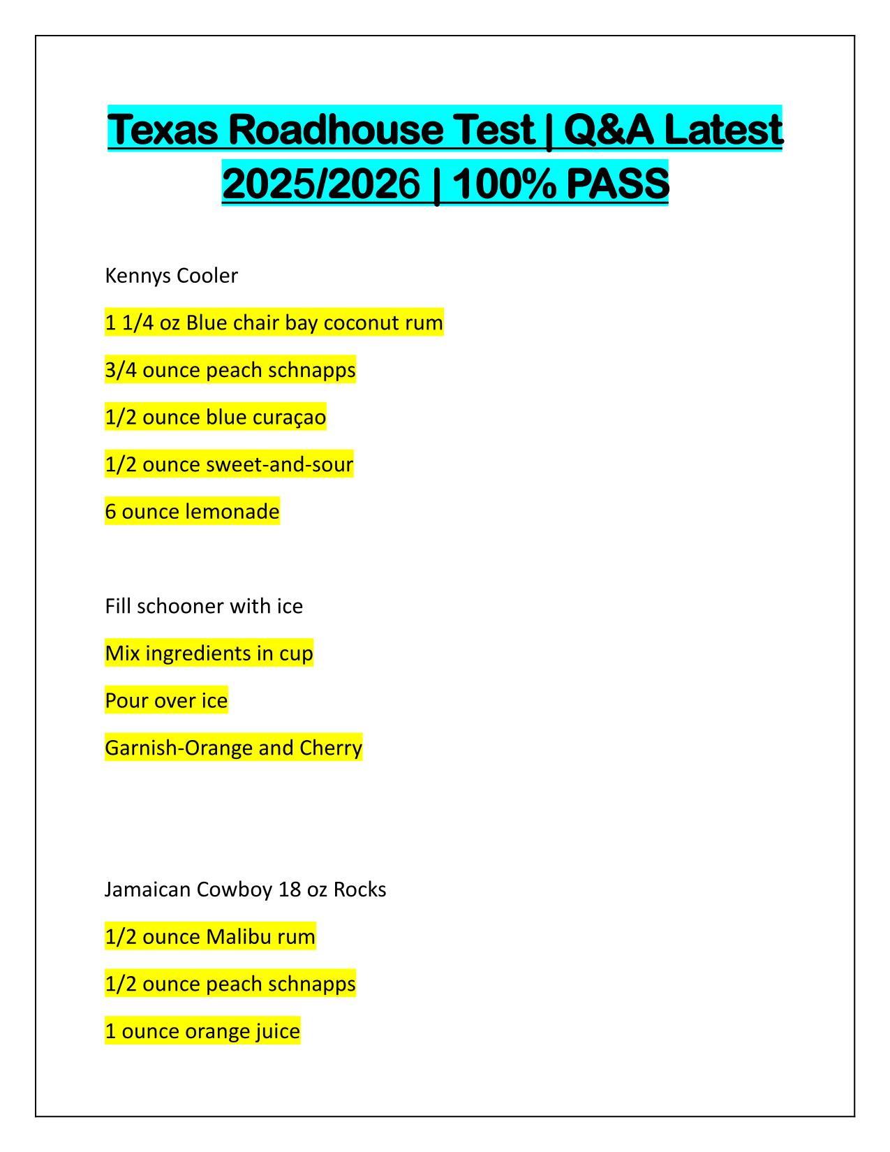 Texas Roadhouse Test Questions and Verified Answers 2025-2026 Update
