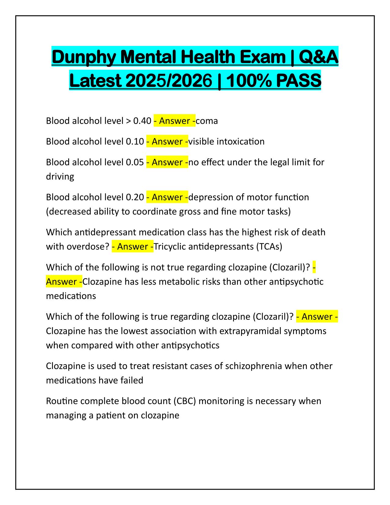 Dunphy Mental Health Exam Correctly Answered Latest Update