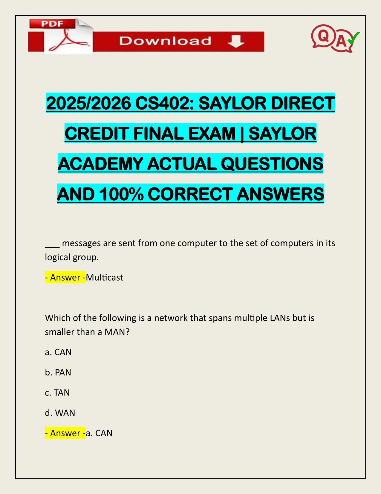 2025/2026 CS402: SAYLOR DIRECT CREDIT FINAL EXAM | SAYLOR ACADEMY