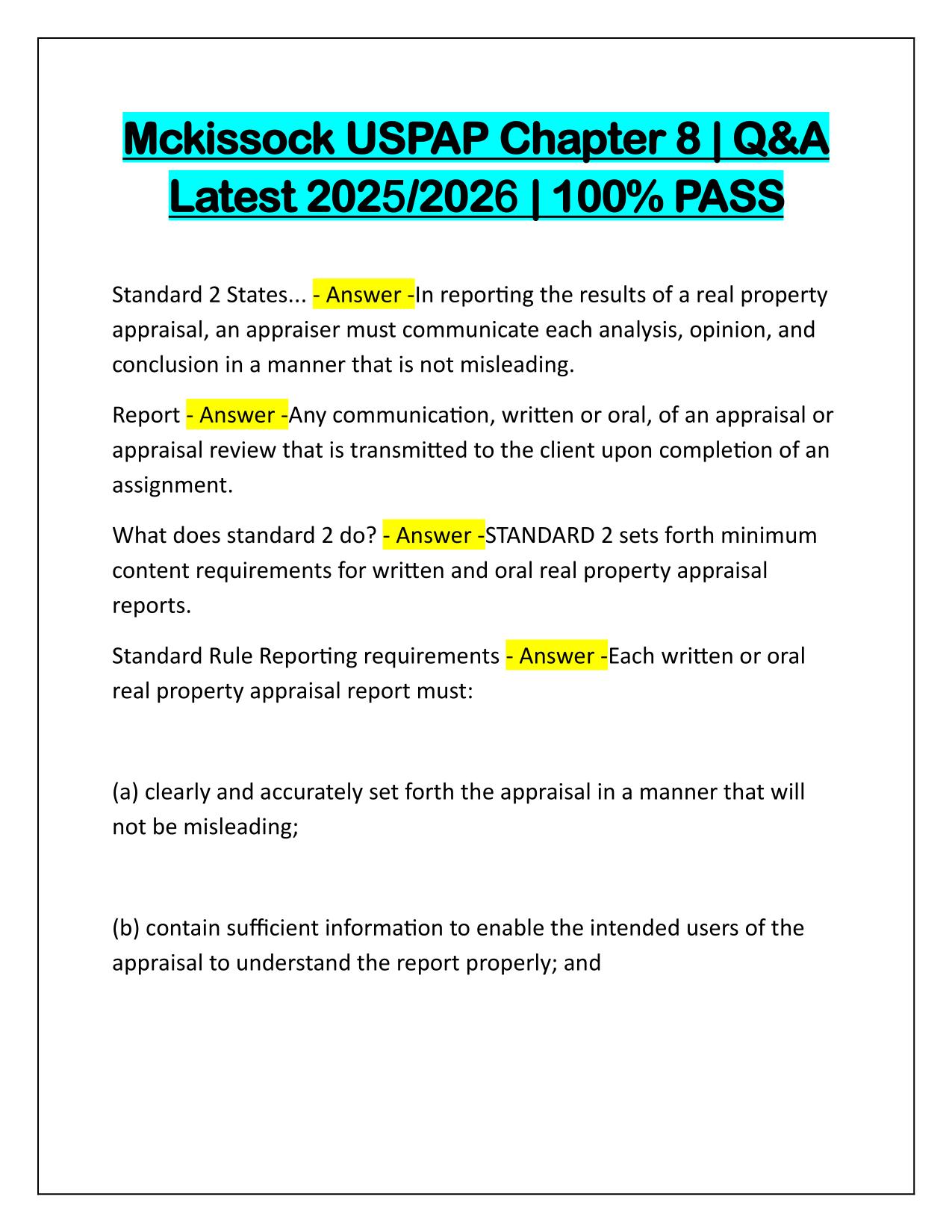 Mckissock USPAP Chapter 8 Q&A Latest Update