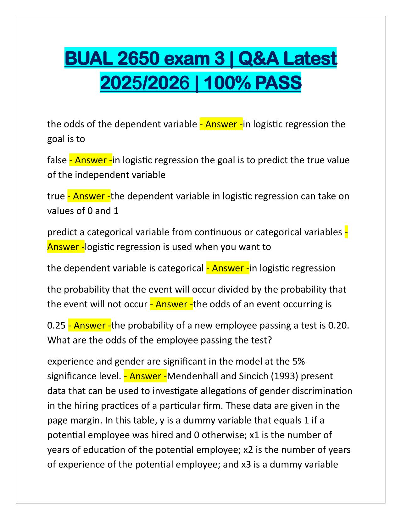 BUAL 2650 exam 3 Correctly Answered Latest Update