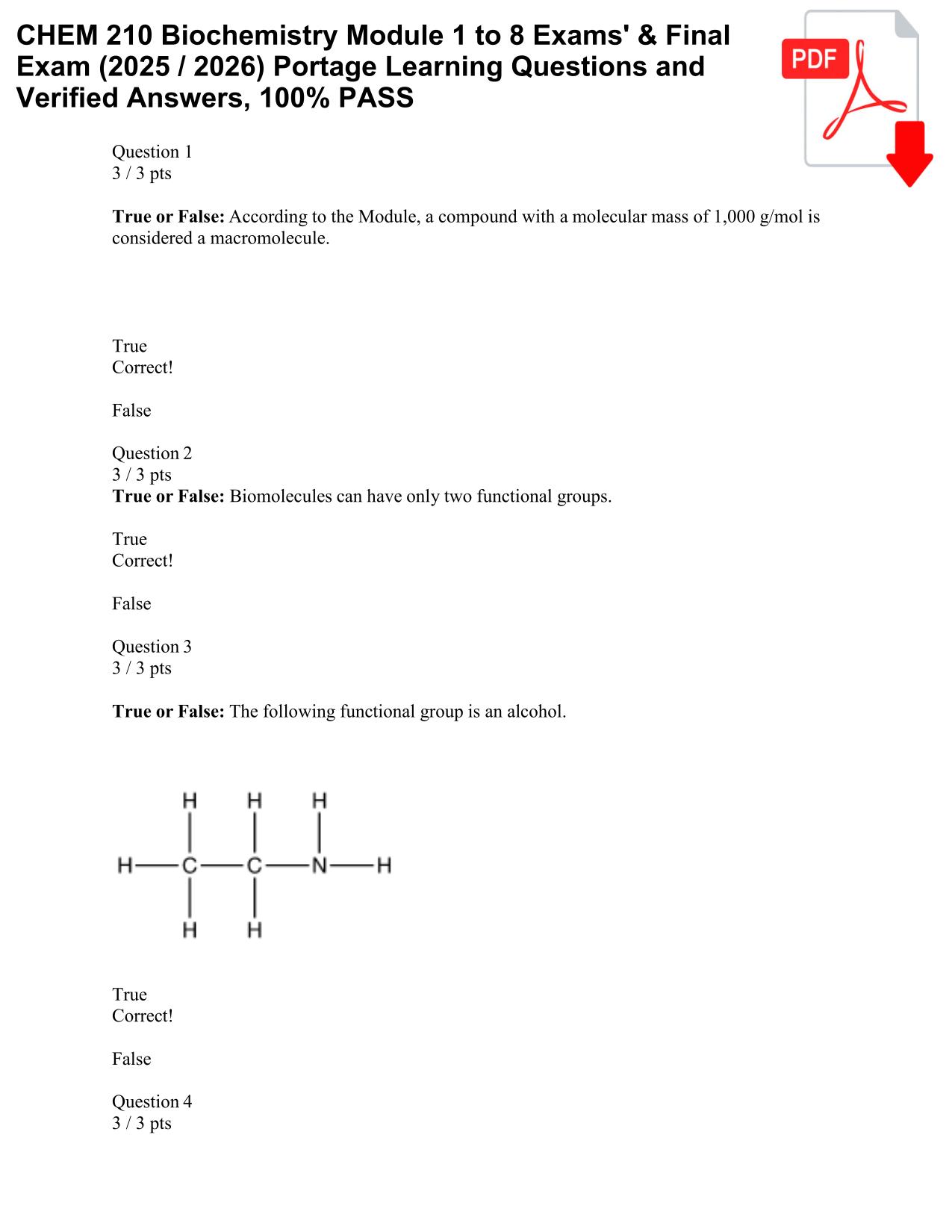 2025 CHEM 210 Biochemistry Module 1 to 8 Final Exam, Portage Learning Q&As, 100% PASS