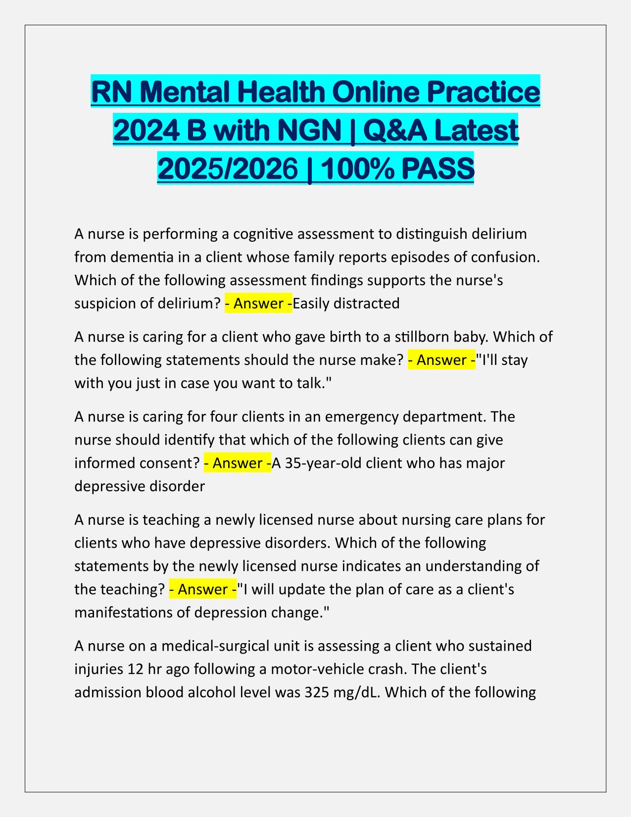 RN Mental Health Online Practice 2025 B with NGN Q&A Latest Update