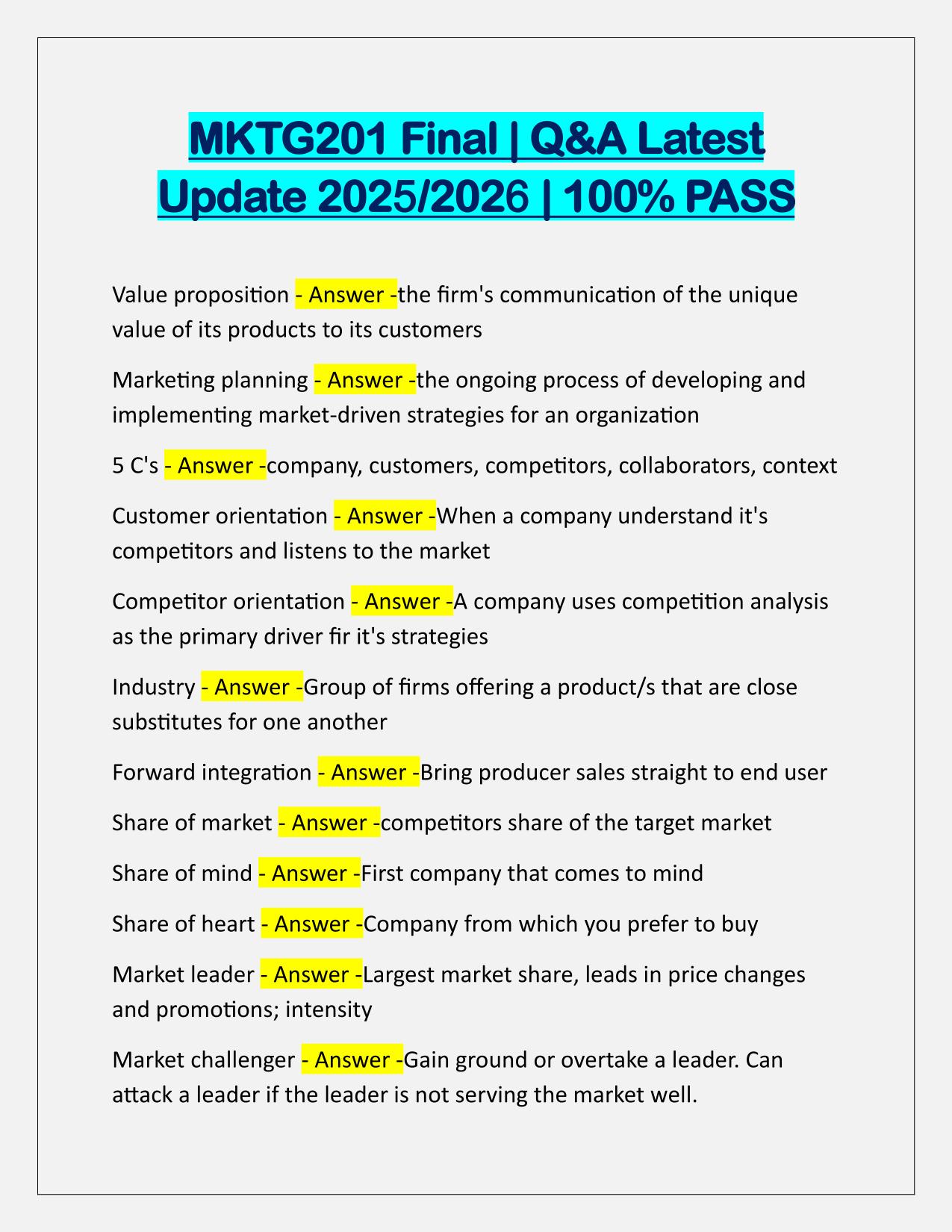 MKTG201 Final EXAM Q&A Latest Update