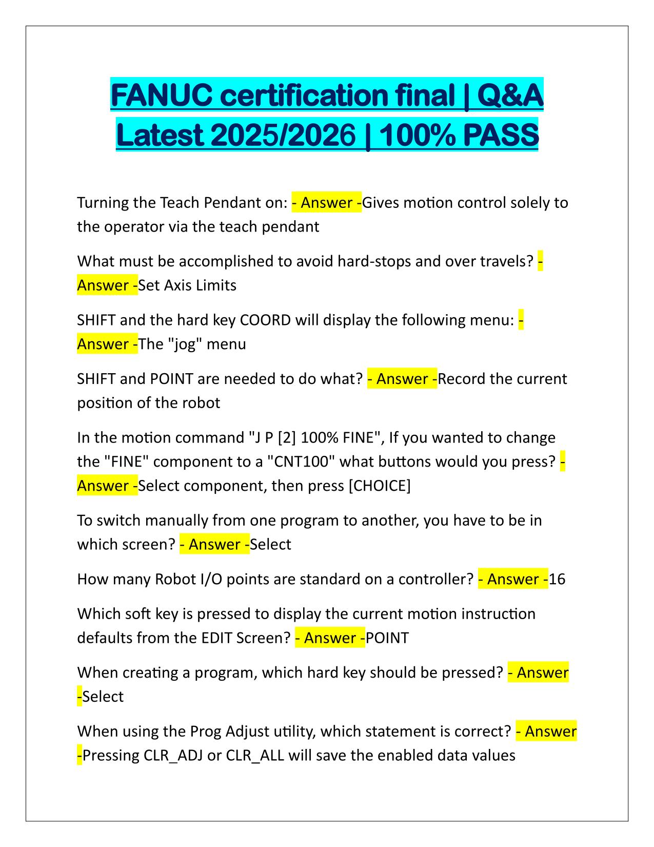 FANUC certification final Q&A Latest Update