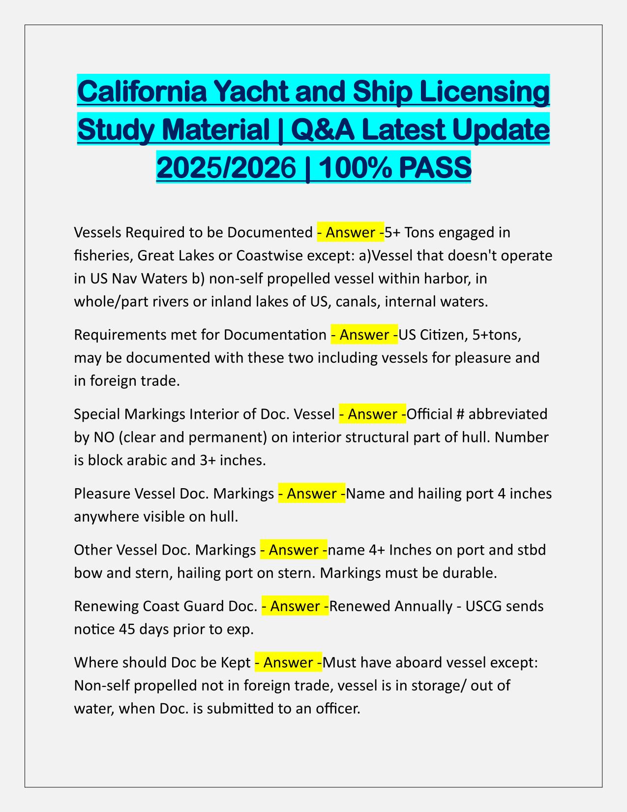 California Yacht and Ship Licensing Study Material Q&A Latest Update